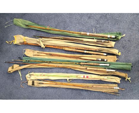 ASSORTMENT OF EIGHT VINTAGE FISHING RODSMilbro Spinwell green rod in canvas case, J B Sharpe ‘Scottie’ two piece rod in canva