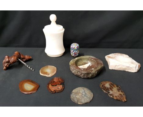 SELECTION OF ROCK SPECIMENS AND OTHER COLLECTIBLESincluding two rock ashtrays, alabaster urn, cloisonne enamel pin jar, burr 