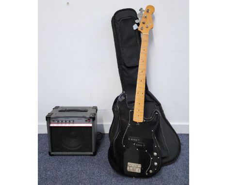 VINTAGE HONDO II BASS GUITARwith HONDO II on the headstock, chrome tuners, 15 frets to body, black body, pick ups and chrome 