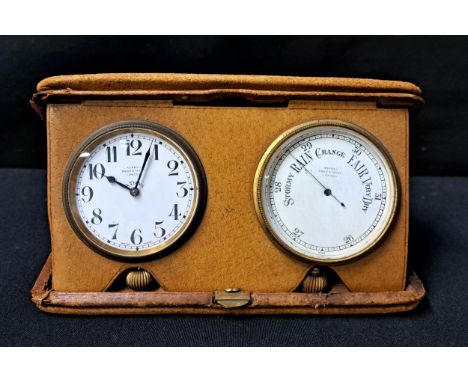 20th CENTURY ASPREY TRAVEL CLOCK AND BAROMETERAsprey Bond Street London on both the dials, in tan leather travel case