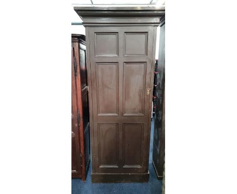 LARGE PAINTED PINE CUPBOARDthe single panelled door opening to reveal a single shelf above hooks, 93.5 x 223.5 x 58.5cm