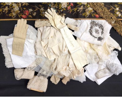 LARGE SELECTION OF ANTIQUE LACE, CLOTHING AND EMBROIDERIESincluding Brussels lace , silk cami tops with lace trim, peach silk