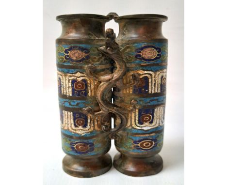 CHINESE CLOISONNE ENAMEL AND BRONZE CHAMPION VASEcomprised of two cylindrical vases with waisted necks and circular bases, se