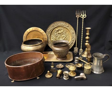 SELECTION OF COPPER, BRASS AND OTHER METALWARESincluding a copper planter with lion mask handles, two engraved Indian planter