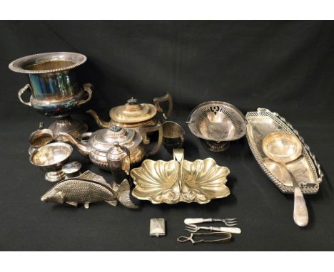 SELECTION OF PLATED WARESincluding a large urn, a cocktail shaker, tea pots, serving bowls, an unusual fish shaped letter hol
