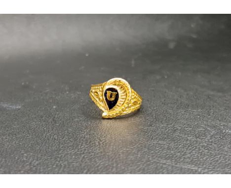 UNMARKED HIGH CARAT GOLD RINGwith blue enamel and moulded decoration, ring size O and approximately 4 grams