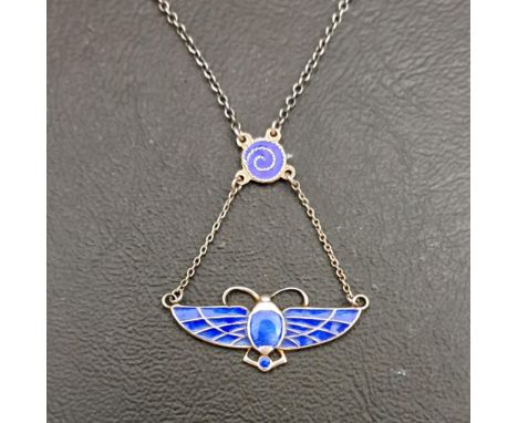 CHARLES HORNER STYLE ENAMEL DECORATED SILVER PENDANT ON ATTACHED CHAINthe lower blue enamel decorated pendant section of styl