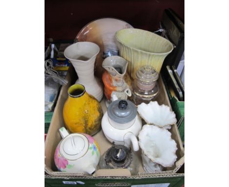 Doulton Charger and Vase, cornucopia vases, teapots, Beswick fan vase, etc:- One Box