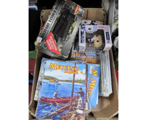 Three Funko Pop Dolls, a Syma RC army cargo transport helicopter, together with seventy + editions of Meccano magazines (1950