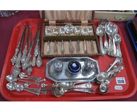 Silver Handled Button Hooks, silver condiment spoons, plated teaspoons, etc:-One Tray