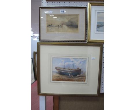 In The Manner of JMW Turner, Seascape, watercolour, 12.54 x 23cm, another of beached fishing boats. (2).