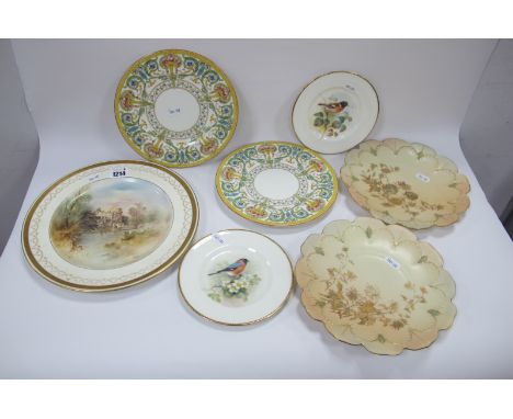 A Pair of Royal Worcester Plates, a Bullfinch and a Stonechat, signed W. Powell, a pair of Royal Worcester blush ivory plates