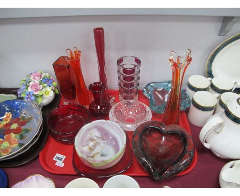 Orrefors Sweden Glass Bowl, with etched name on base, Whitefriears style ruby glass bowl, heart shaped glass ashtray, other g