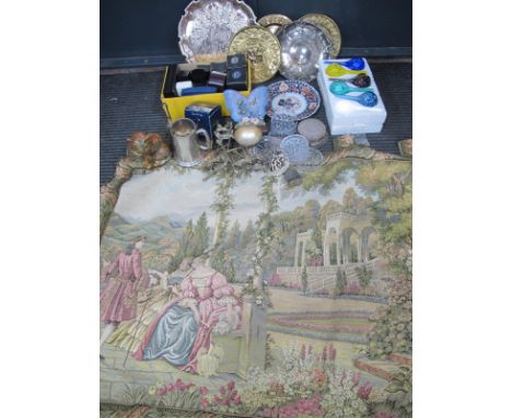 Brassware, wall tapestry, glassware, jewellery boxes, etc:- Three Boxes