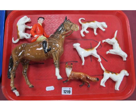 Beswick Huntsman, Sporting Red Jacket, on horse (damage), five hounds (two damage), and fox.