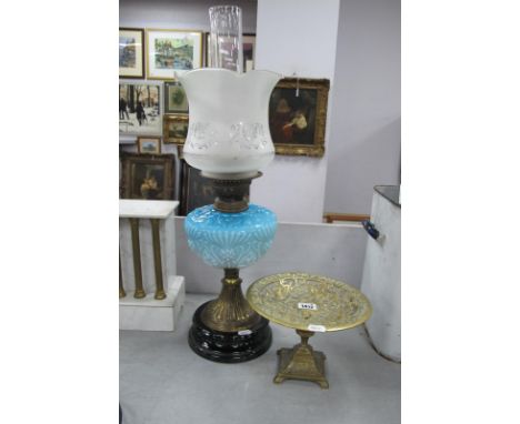 XIX Century Oil Lamp, with etched glass shade, funnel and blue glass reservoir, on circular base, 61cm high; together with a 