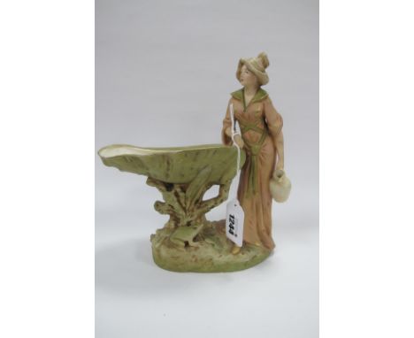 Royal Dux Posy Holder, circa early XX Century as a shell supported by tree trunk, with female figure stood beside it, on natu