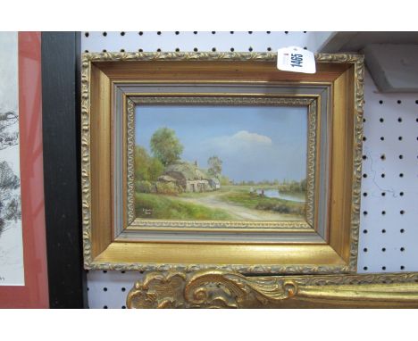 R. Rhand Simm, Thatched Cottage, with figures by a river, oil on board, signed lower left, 11 x 16cm.