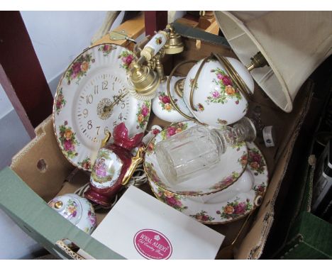 Royal Albert 'old Country Roses' Lamp, telephone (damaged), clock, cutlery, other ceramics, glass decanter:- One Box
