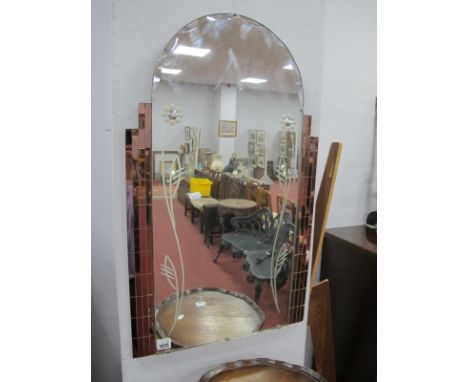 A Mid XX Century Arched Wall Mirror, in the Art Deco manner, with floral decoration, pink tinted stripes to sides 76.5 x 46cm