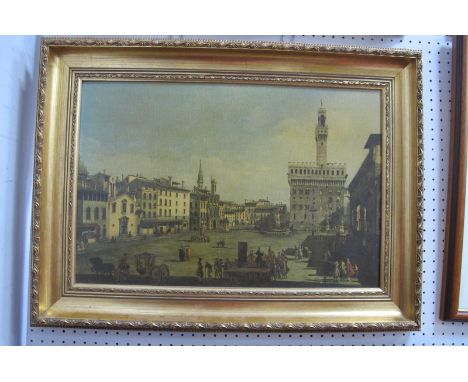 Italian Gilt Framed Canvas Print of Piazza della Signoria in Florence, with horse drawn carriage and figures in classical dre