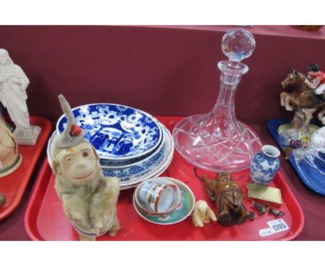 Cut Glass Ships Decanter, XIX Century Spode blue and white plate, other plates, pair of  Denby Dale pie plates, Consul lighte