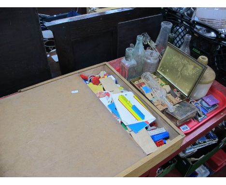 Glass Bottles, wooden model houses, train and figures, coins,m etc:- One Tray, Lego in box.
