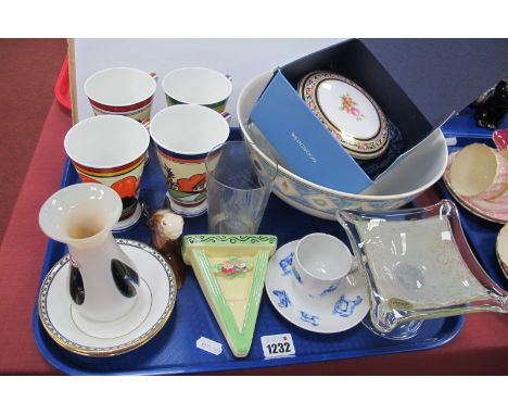 Four Wren Art Deco Style Mugs, Wedgwood 'Clio' trinket box and 'Farmstead' fruit bowl, Murano bon bon dish, etc:- One Tray