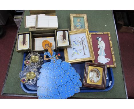 Playing Card Set in Original Fitted Case, vintage painted wooden lady, souvenir caddy spoons, glass salts, gilt framed pictur
