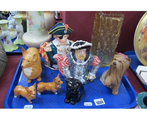 Three Beswick Corgis (sizes vary), Yorkshire Terrier, Whitefriars style glass vase, etc:- One Tray