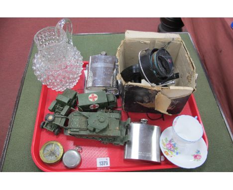 Dennison, Birmingham Military Compass, brass compass, Dinky toys, Military ambulance, tank transporter, stamps, whisky flask,