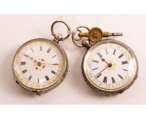 Two late 19th/early 20th century Swiss enamel and silver ladies key wound fob watches both stamped 935 approx 3.8cm each   Co