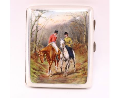 Edwardian silver cigarette case with hunting scene enamel panel by Joseph Rodgers & Sons Sheffield 1907 9cm x 7,5cm approx 6o