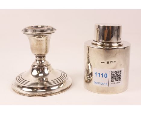 Silver tea caddy Adie & Lovekin Ltd Birmingham 1909 approx 3.1oz and a dwarf candlestick weighted   Condition Report   Click 