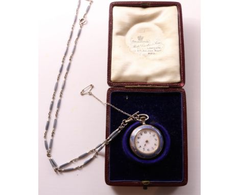 Ladies continental silver and enamel fob watch and necklace case by Louis Weill London 1910 in original case    Condition Rep