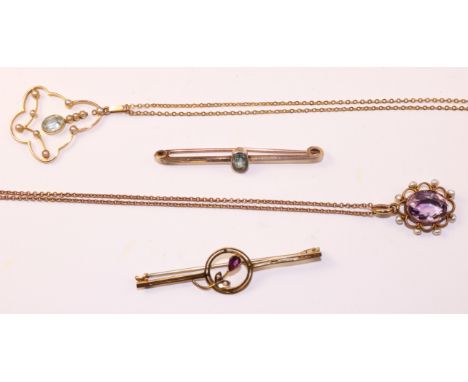 Aquamarine gold bar brooch both stamped 15ct and a similar pendant, seed pearl pendant stamped 15ct on chain, amethyst and se
