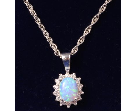 Opal cluster silver pendant necklace stamped 925   Condition Report   Click here for further images, condition, auction times