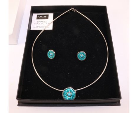 Pair Ortak Orkney silver enamel and turquoise necklace and matching pair ear-rings   Condition Report   Click here for furthe