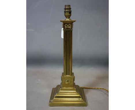 A Regency style brass column table lamp, on stepped square base, H.142cm 