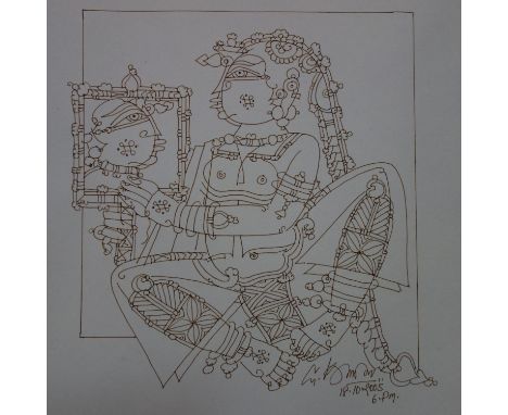 G. Raman, 'Girl with Mirror', pen on paper, signed and dated 2005 to lower right, with the Noble Sage label to verso, 31 x 28