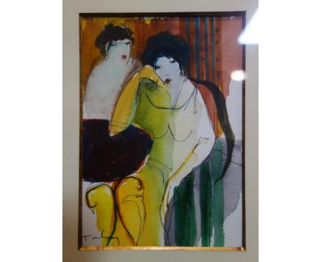Itzchak Tarkay (Israeli, 1935-2012), 'Two Friends', watercolour and pen, signed lower left, in glazed gilt frame, 14 x 9.5cm 