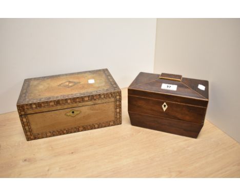 A 19th century boxwood strung rosewood tea caddy, of sarcophagus form with hinged cover, 13cm x 19cm the interior lacking div