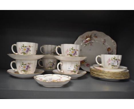 A selection of Royal Crown Derby bone china 'Derby Posies' pattern teawares, comprising seven cups, seven saucers, small lobe