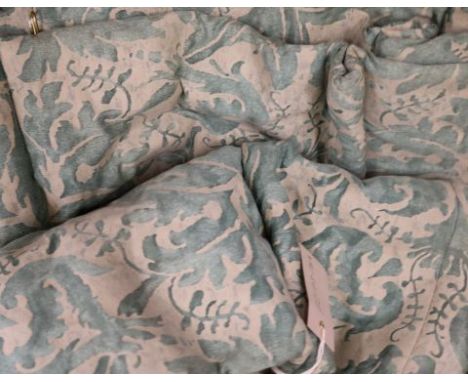 A pair of green foliate pattern fabric curtains and a pair of tiebacks, Drop 9ft W.6ft 6in.