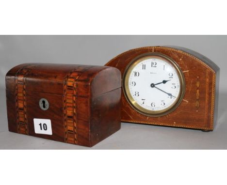 Inlaid tea caddy and Edwardian mantle clock