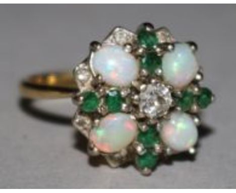 A gold, white opal, emerald and diamond cluster dress ring, size M.