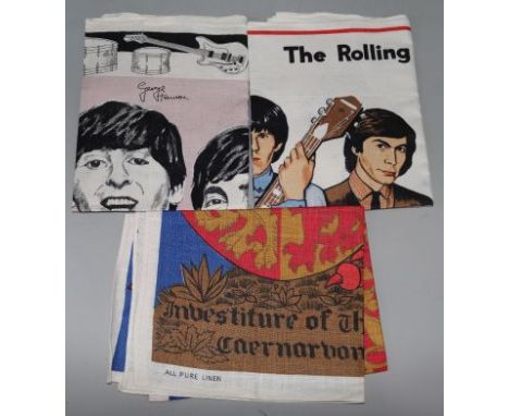 Three 1960's colour printed tea towels, The Beatles, Rolling Stones and Prince of Wales Investiture, mint condition