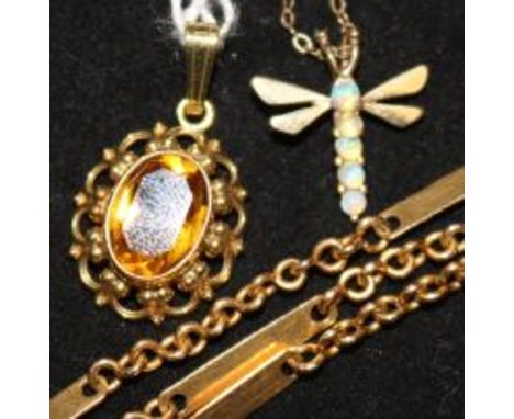 A 9ct gold and opal dragonfly pendant on chain, a 14ct gold and citrine pendant and a yellow metal necklace.