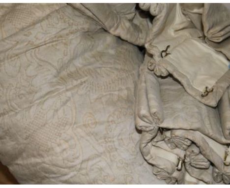 A pair of cream and gold foliate fabric curtains, Drop 9ft W.4ft