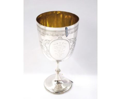 Victorian silver regimental presentation goblet with bright cut engraving, on a raised circular beaded foot, "The SYC 1887 Fi